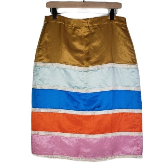 NEW J.Crew Satin Crochet Ribbon Colorblock Pencil Skirt 10 Blue Orange Pink NWT - Picture 1 of 10